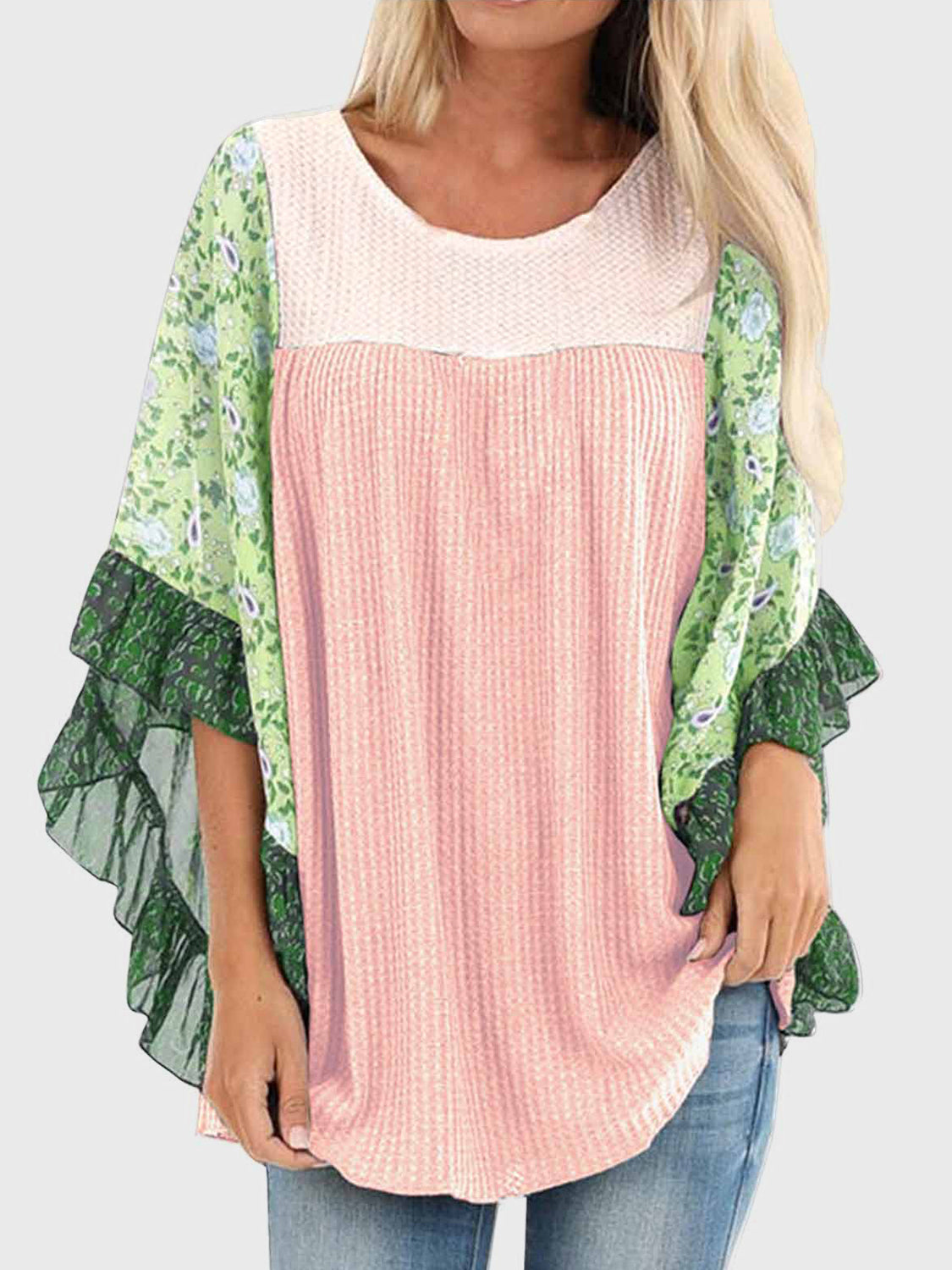 Full Size Printed Round Neck Three-Quarter Sleeve Blouse - Sydney So Sweet