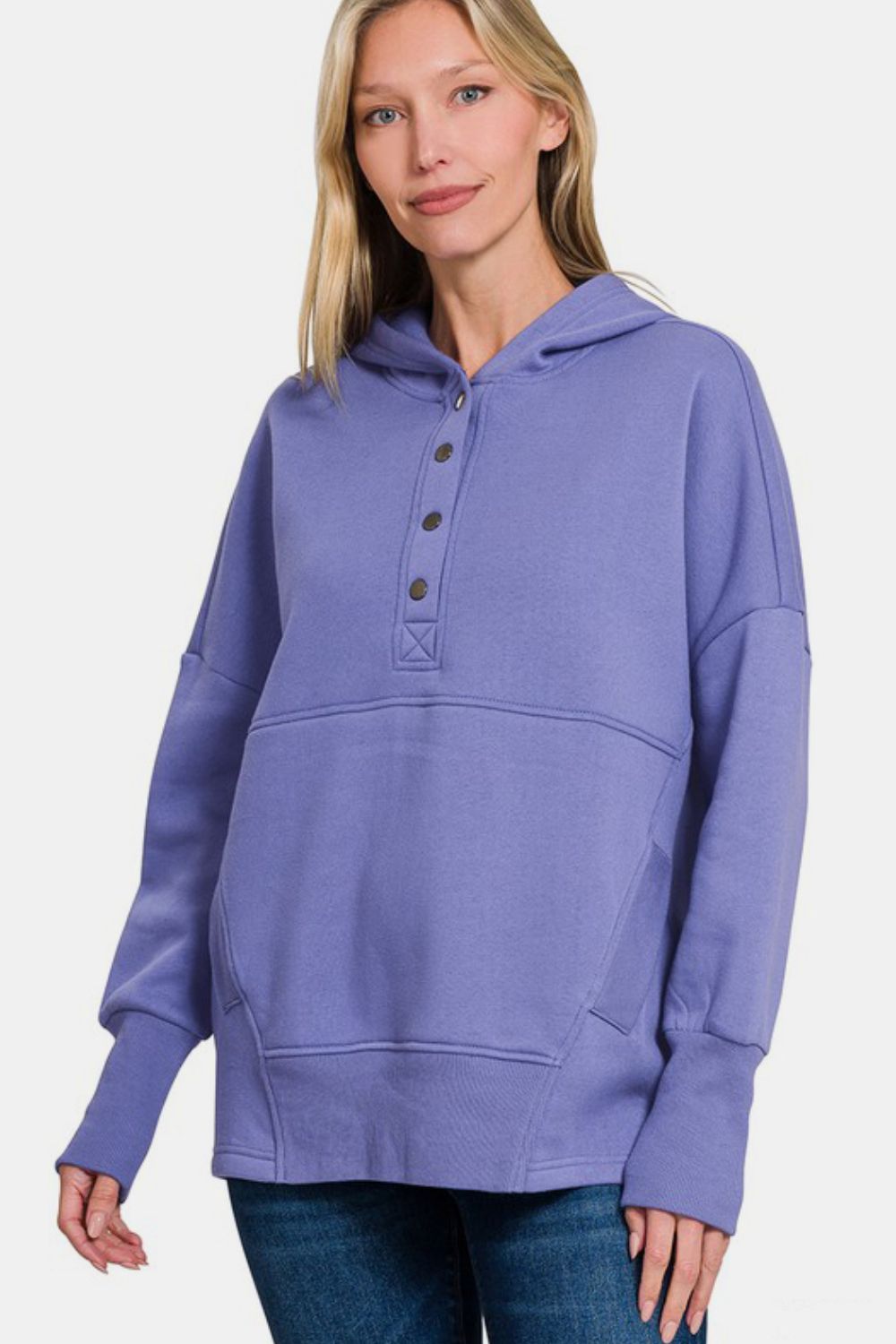 Zenana Half Snap Long Sleeve Hoodie with Kangaroo Pocket - Sydney So Sweet