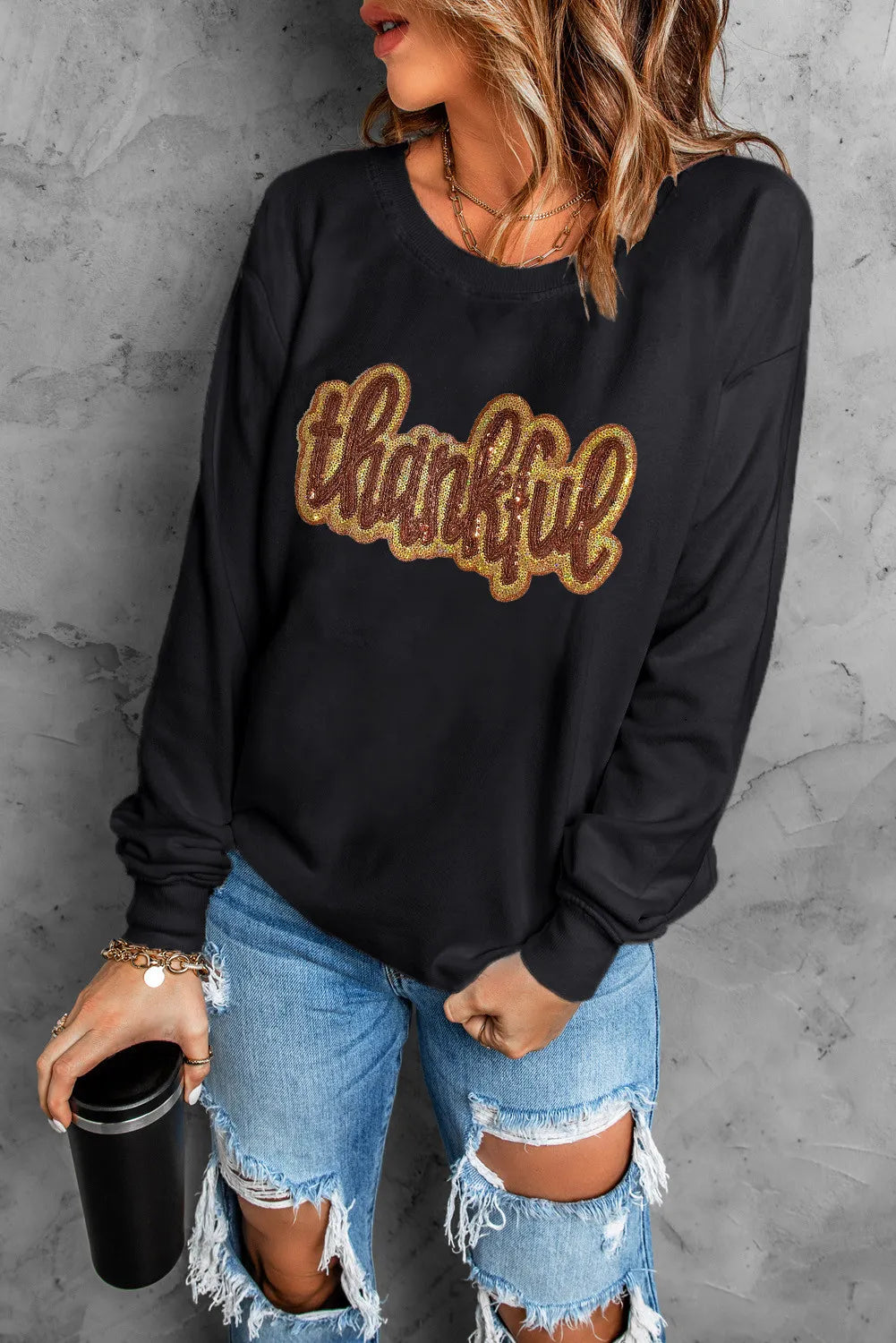 THANKFUL Round Neck Long Sleeve Sweatshirt - Sydney So Sweet