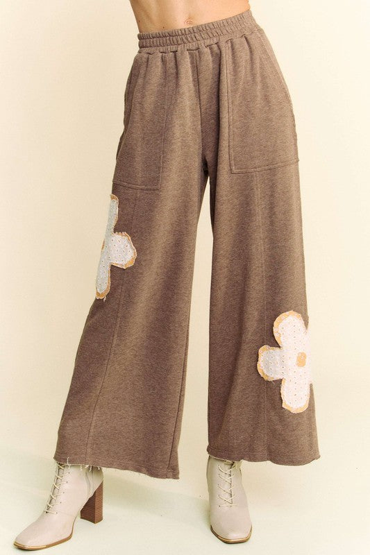 Davi &amp; Dani Flower Patch Elastic Waist Wide Leg Pants - Sydney So Sweet