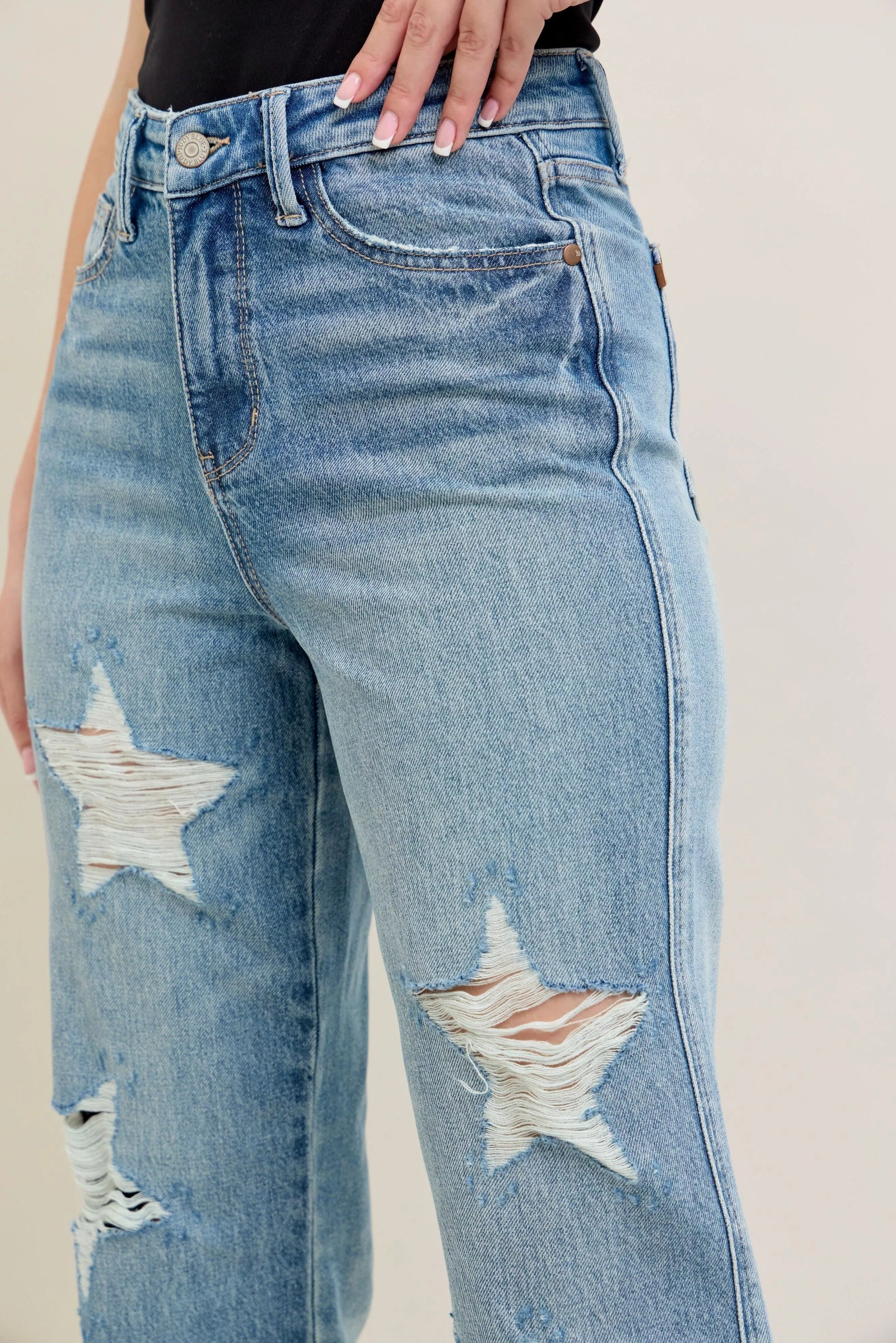 Judy Blue Full Size High Waist Rigid Magic Star Shaped Destroy 90's Straight Jeans Plus Size - Sydney So Sweet