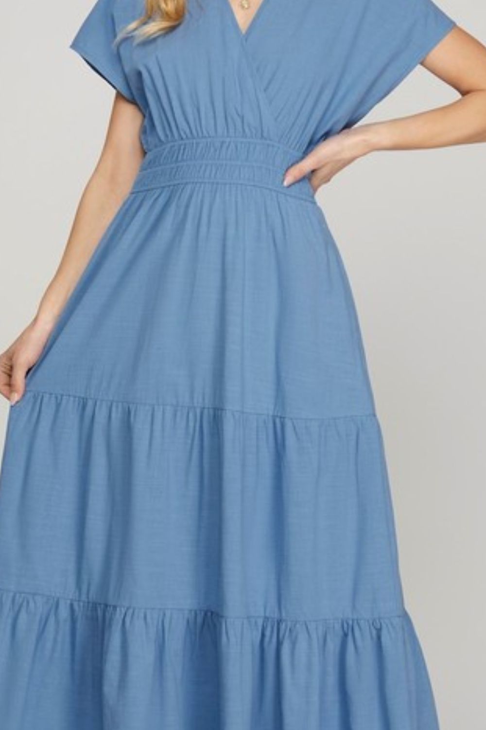 She + Sky Surplice Short Sleeve Tiered Maxi Dress With Pockets - Sydney So Sweet