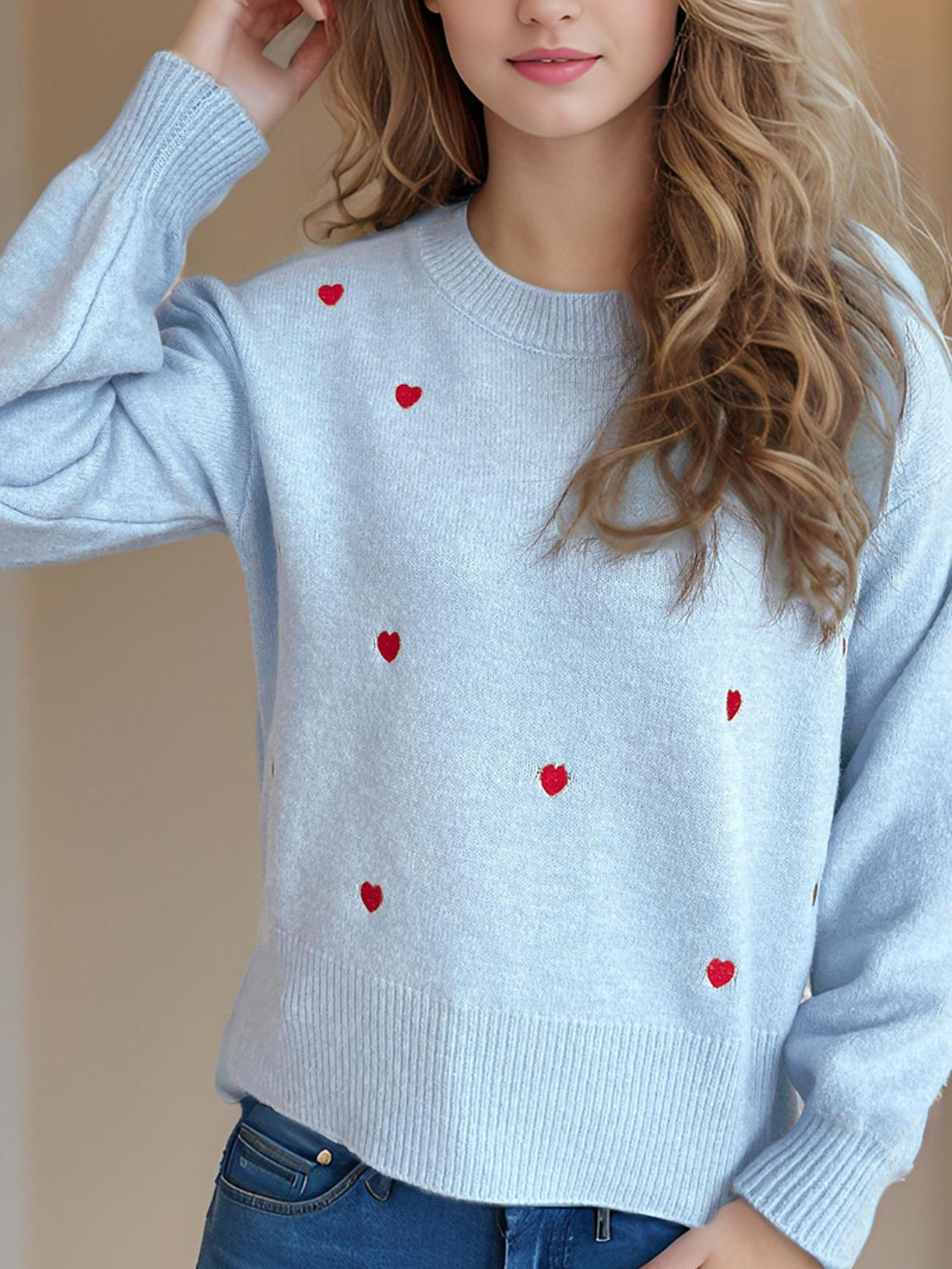 Heart Round Neck Long Sleeve Sweater - Sydney So Sweet