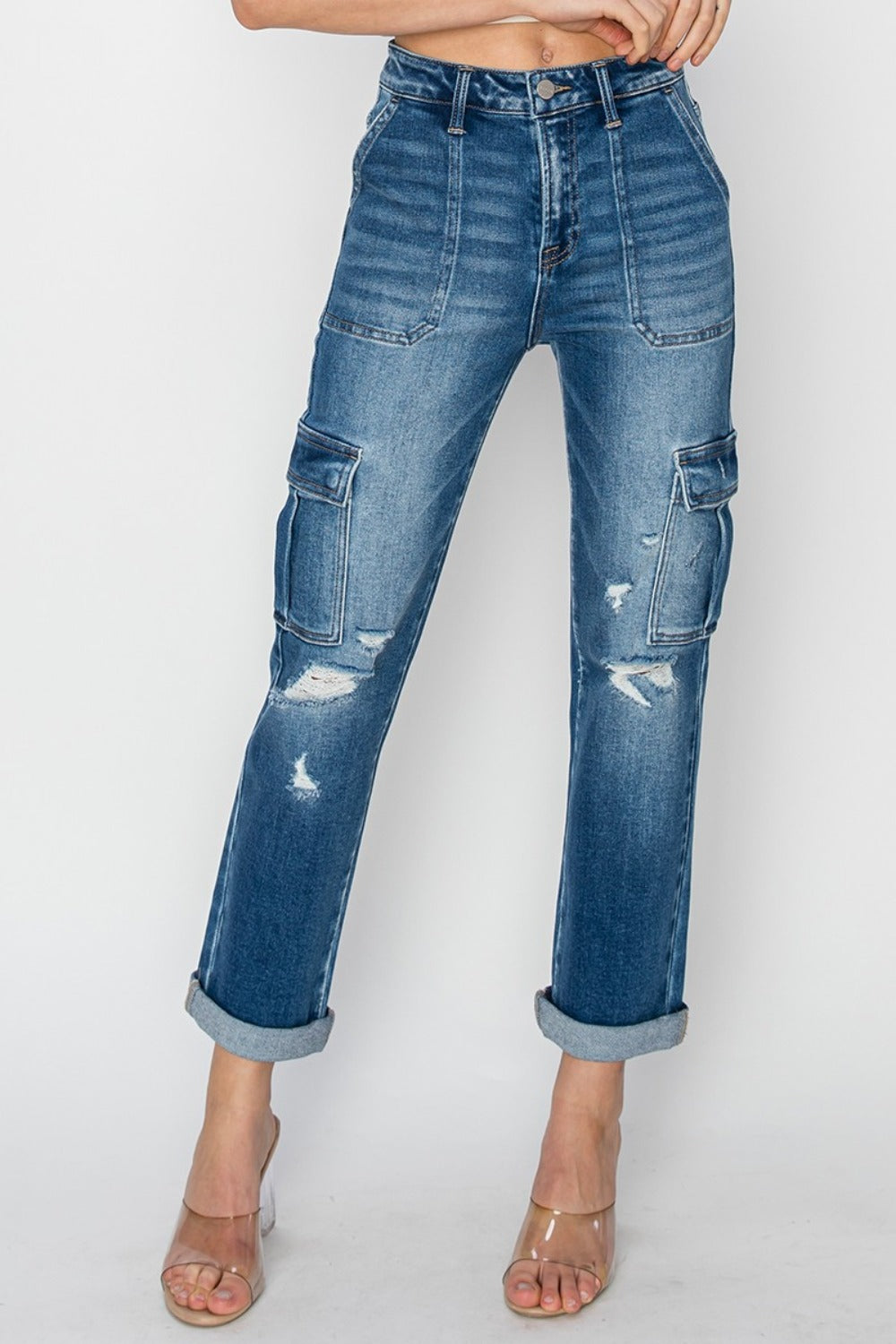 RISEN Full Size High Rise Cargo Ankle Roll Up Straight Jeans - Sydney So Sweet