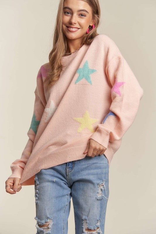 ADORA Stars Pattern Round Neck Drop Shoulder Sweater - Sydney So Sweet