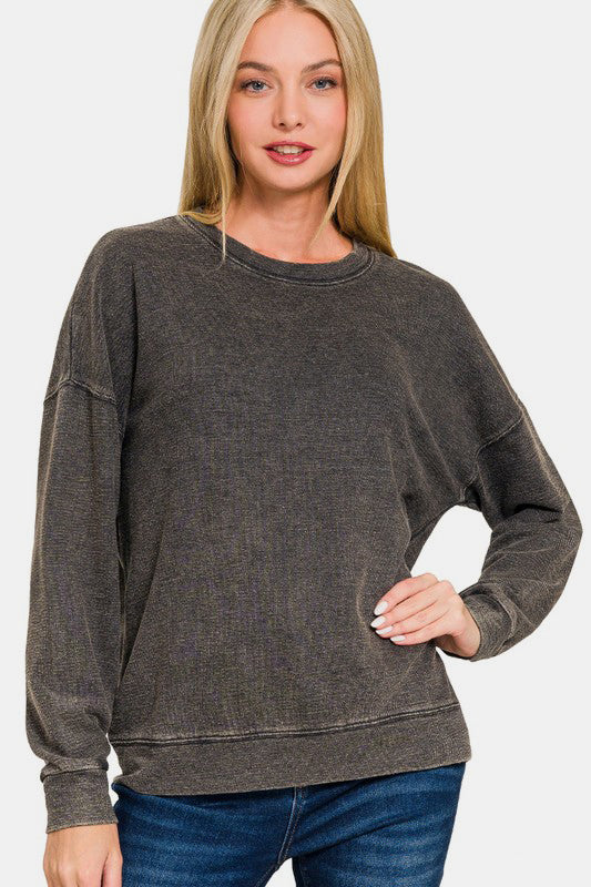 Zenana Washed Round Neck Dropped Shoulder Sweatshirt - Sydney So Sweet