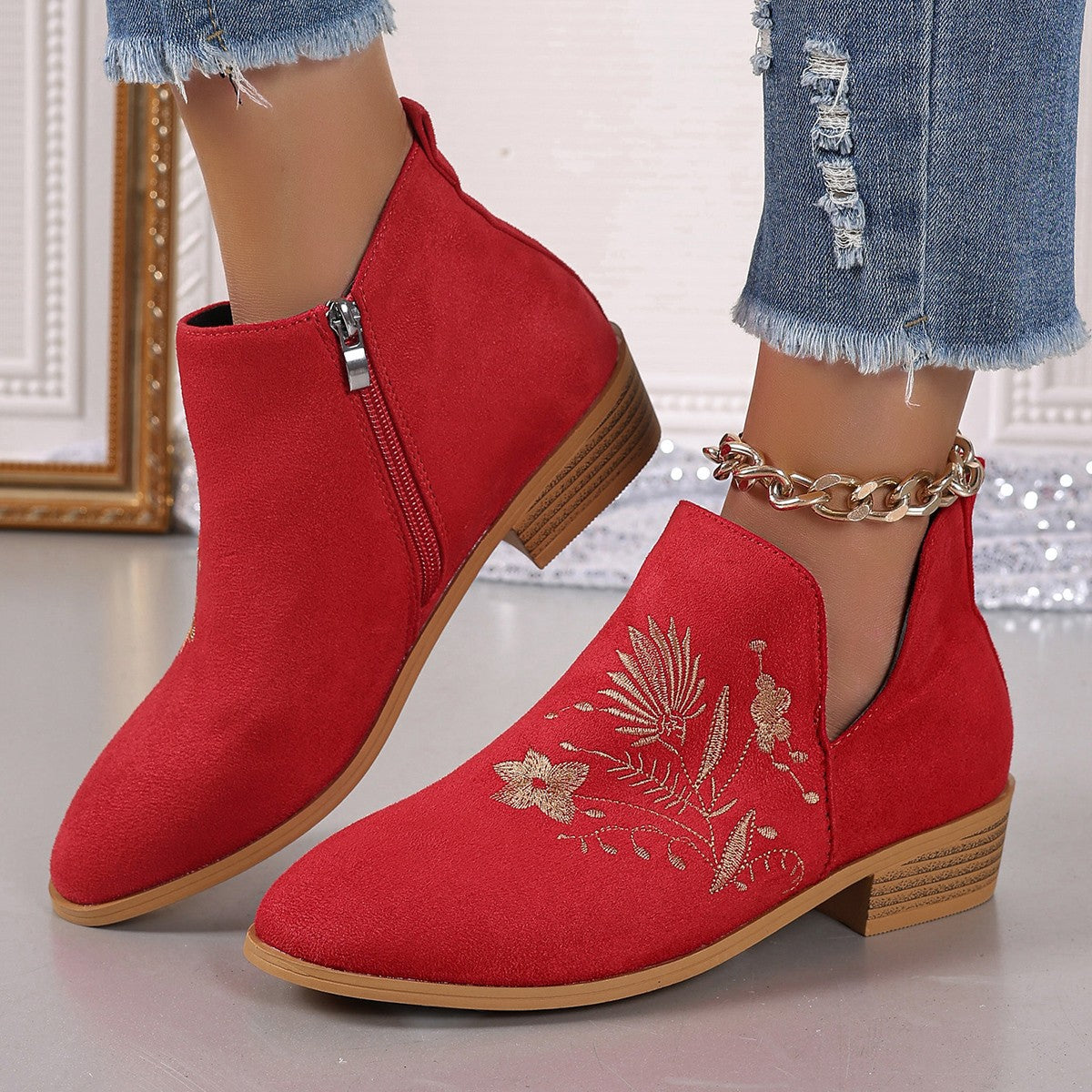 Embroidered Suede Point Toe Block Heel Boots - Sydney So Sweet