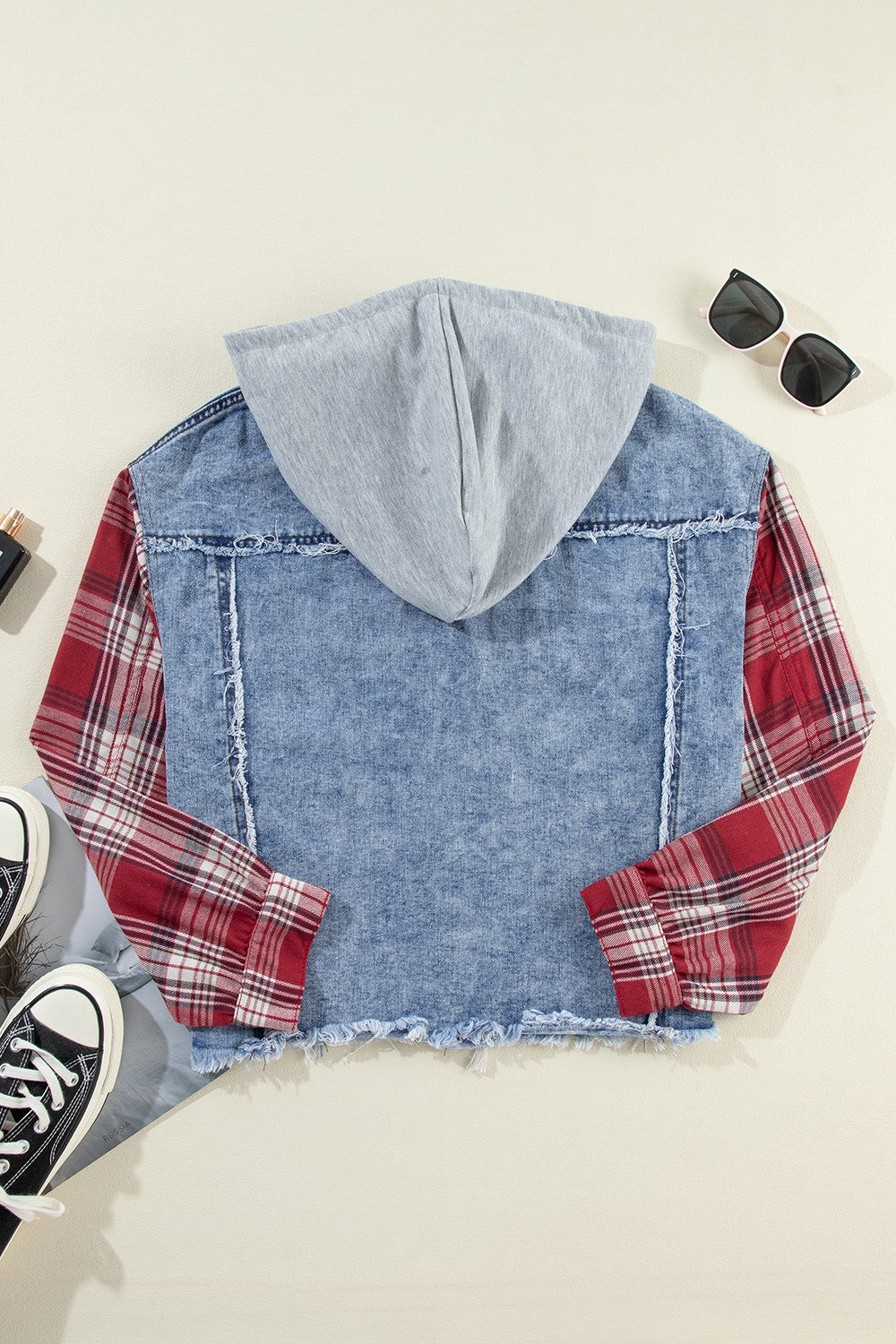 Raw Hem Drawstring Plaid Denim Jacket - Sydney So Sweet