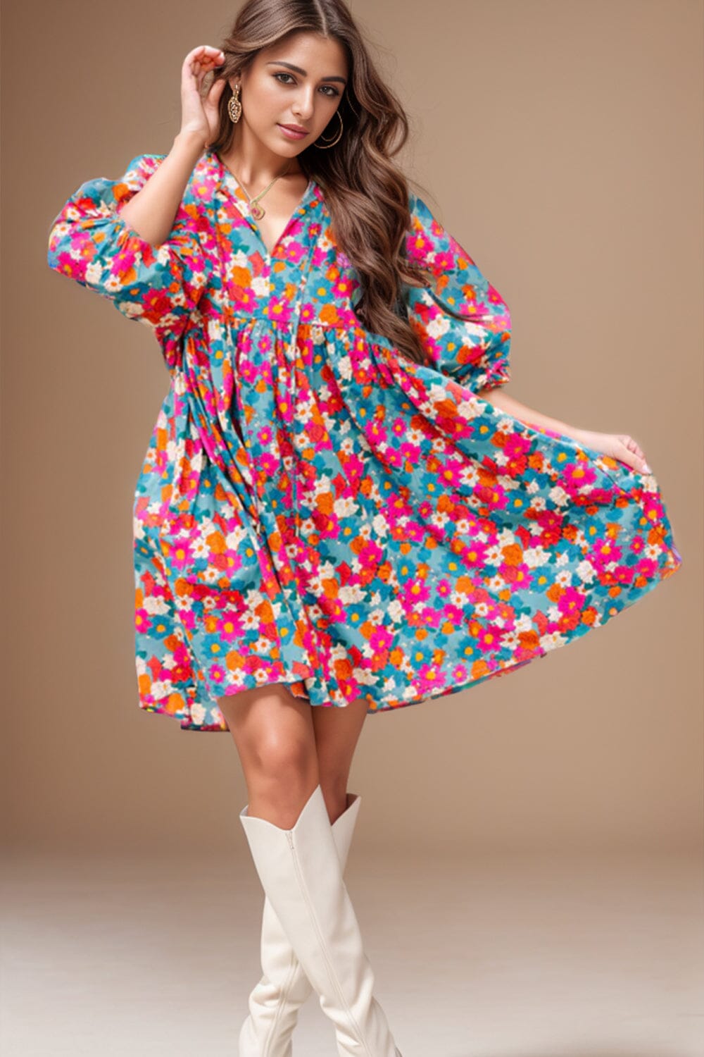 Floral Tie Neck Puff Sleeve Mini Dress - Sydney So Sweet