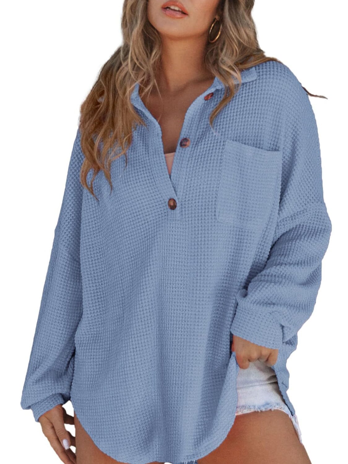 Waffle-Knit Dropped Shoulder Long Sleeve Sweatshirt - Sydney So Sweet