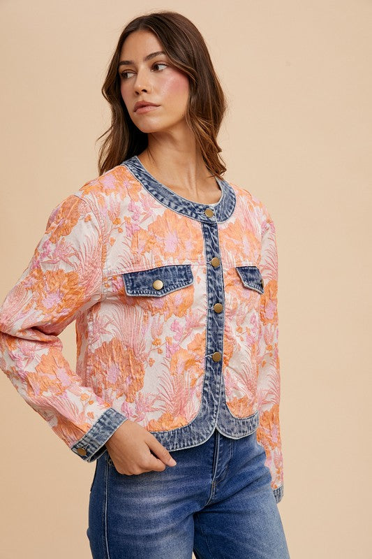 Annie Wear Floral Jacquard Denim Contrast Button Down Jacket - Sydney So Sweet