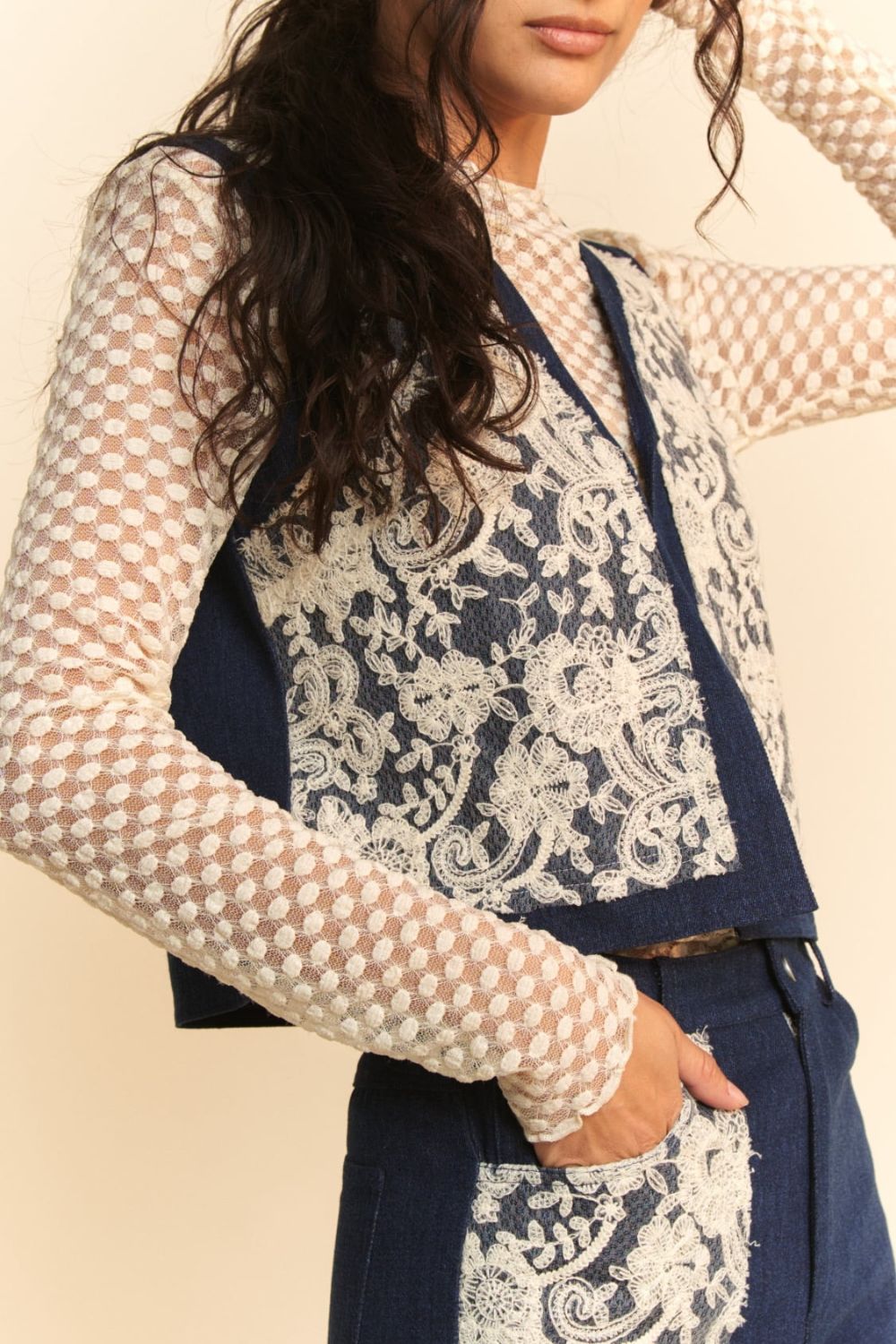 Davi &amp; Dani Lace Patch Open Front Denim Vest - Sydney So Sweet