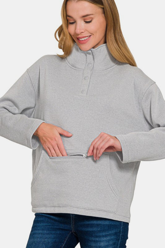 Zenana Turtleneck Half Snap Fleece Sweatshirt - Sydney So Sweet