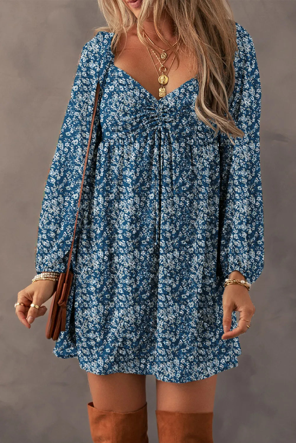 Ruched Printed Long Sleeve Mini Dress - Sydney So Sweet