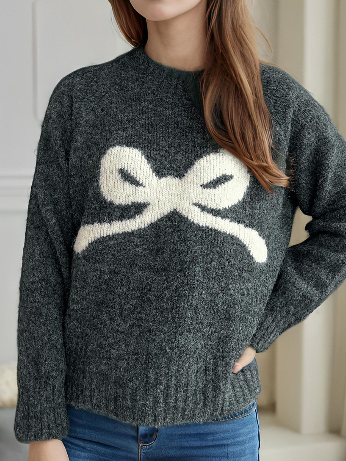 Bow Round Neck Long Sleeve Sweater - Sydney So Sweet