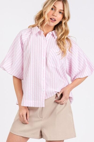 Mittoshop Button Down Striped Puff Sleeve Shirt - Sydney So Sweet