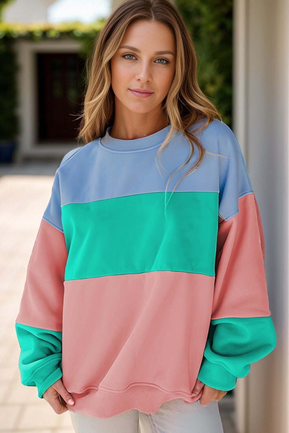 Color Block Round Neck Long Sleeve Sweatshirt - Sydney So Sweet