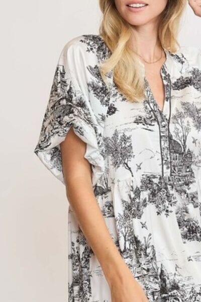 Umgee Full Size Two Tone Landscape Print Dress Plus Size - Sydney So Sweet