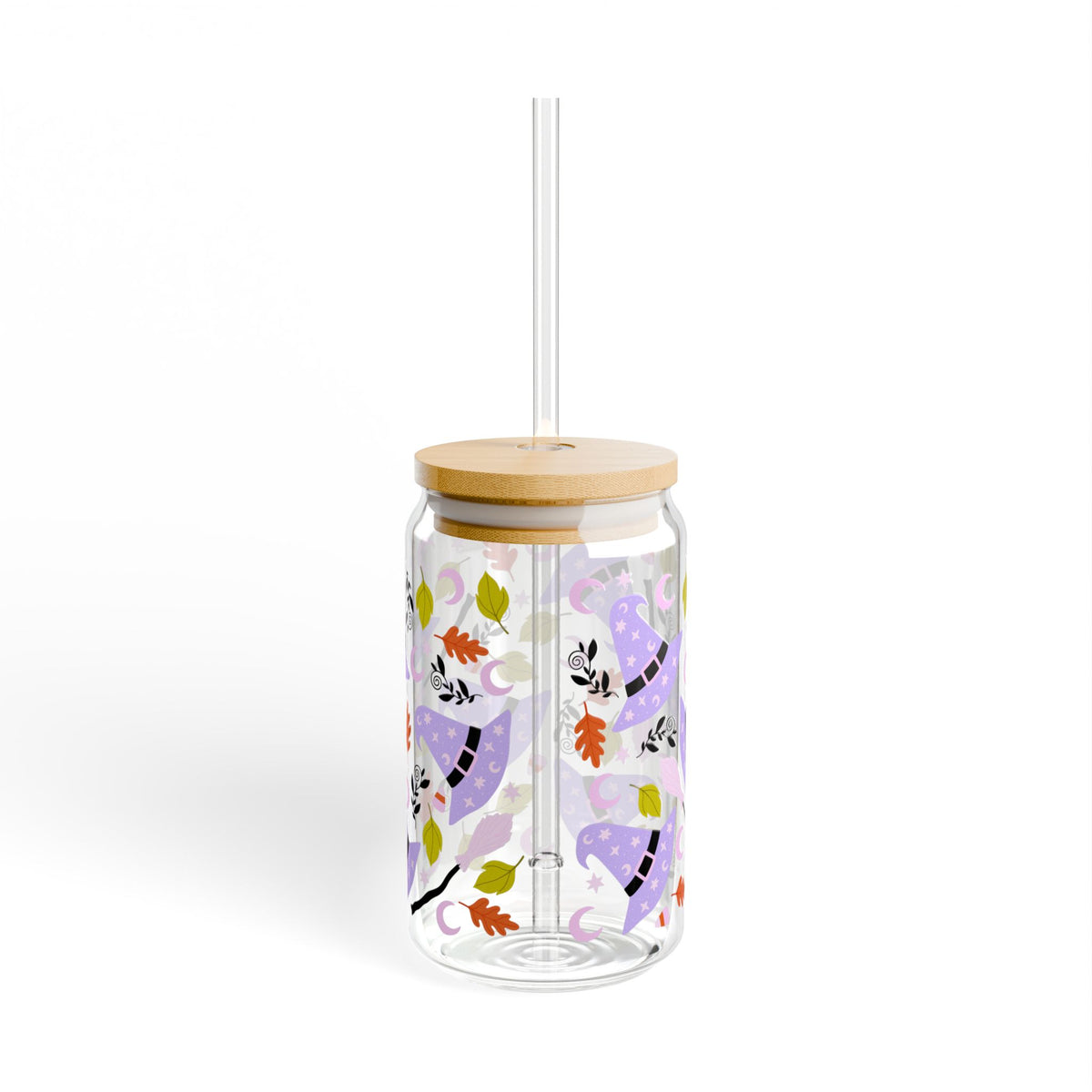 Witchy Lavender Witch Hat & Floral Fall Sipper Glass 16oz Reusable Drink Jar with Lid & Straw
