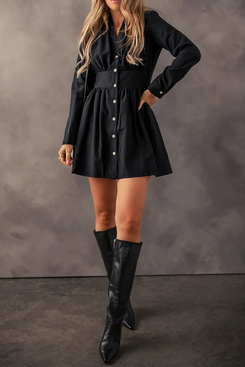 Ruched Button Up Long Sleeve Dress - Sydney So Sweet