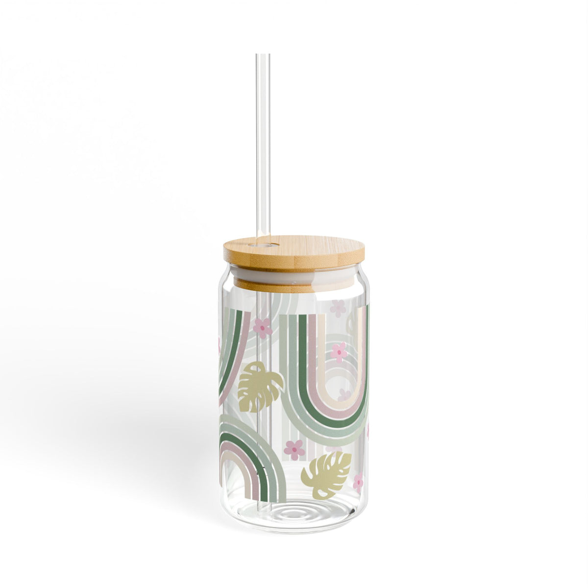 Retro In Bloom Tumbler Sipper Glass 16oz — Reusable Drink Jar with Lid & Straw