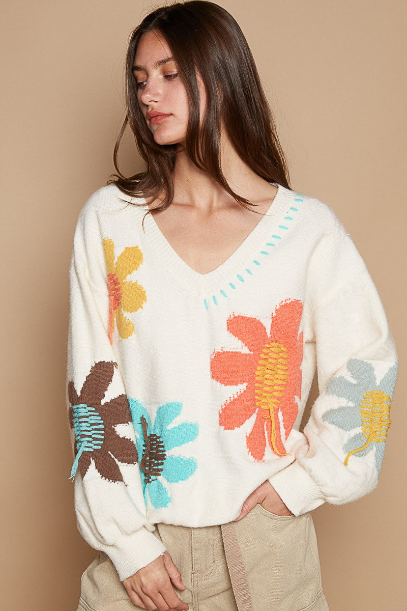 POL V-Neck Long Sleeve Flower Fringe Sweater - Sydney So Sweet