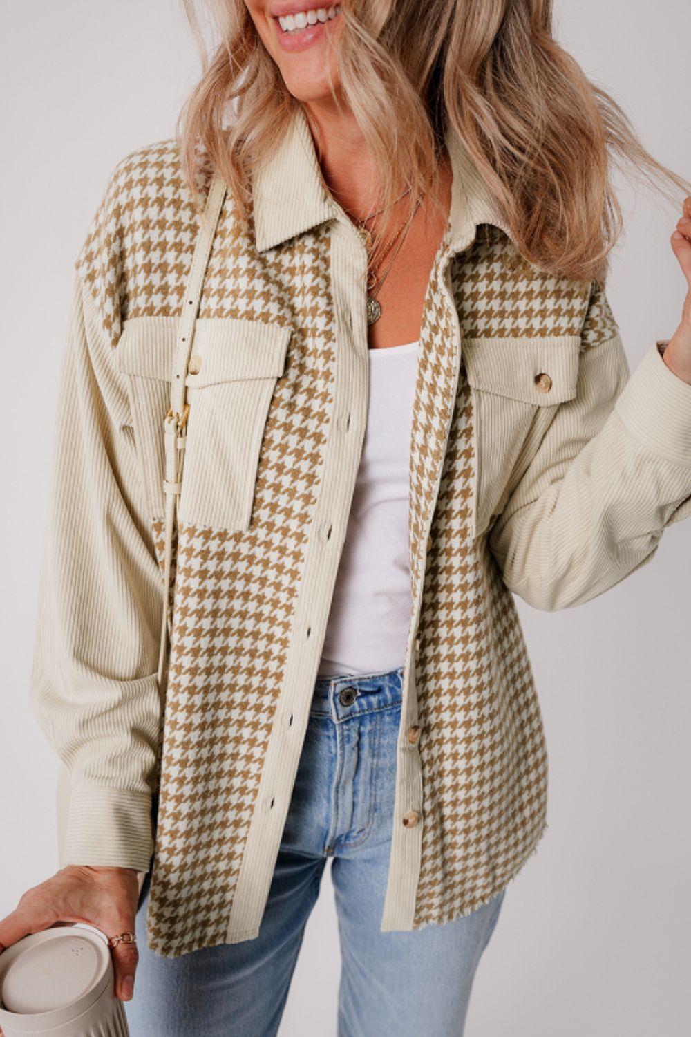 Houndstooth Button Up Long Sleeve Jacket - Sydney So Sweet