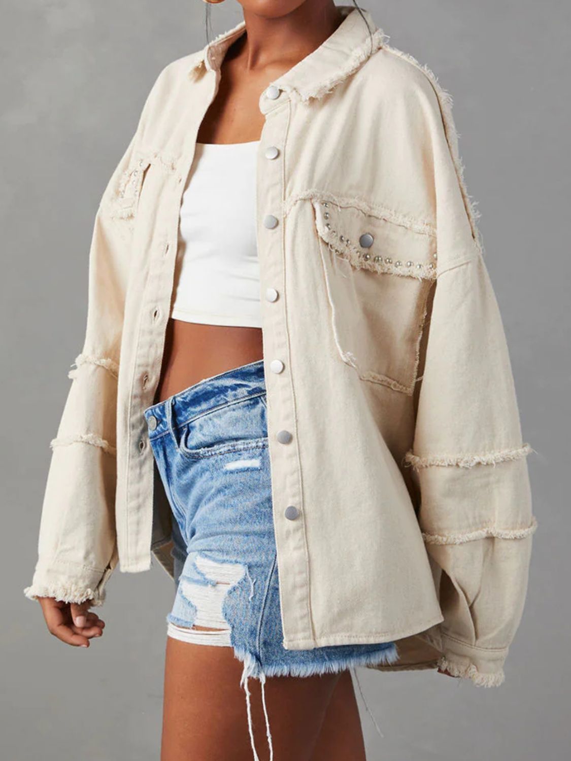 Button Down Raw Hem Denim Jacket - Sydney So Sweet