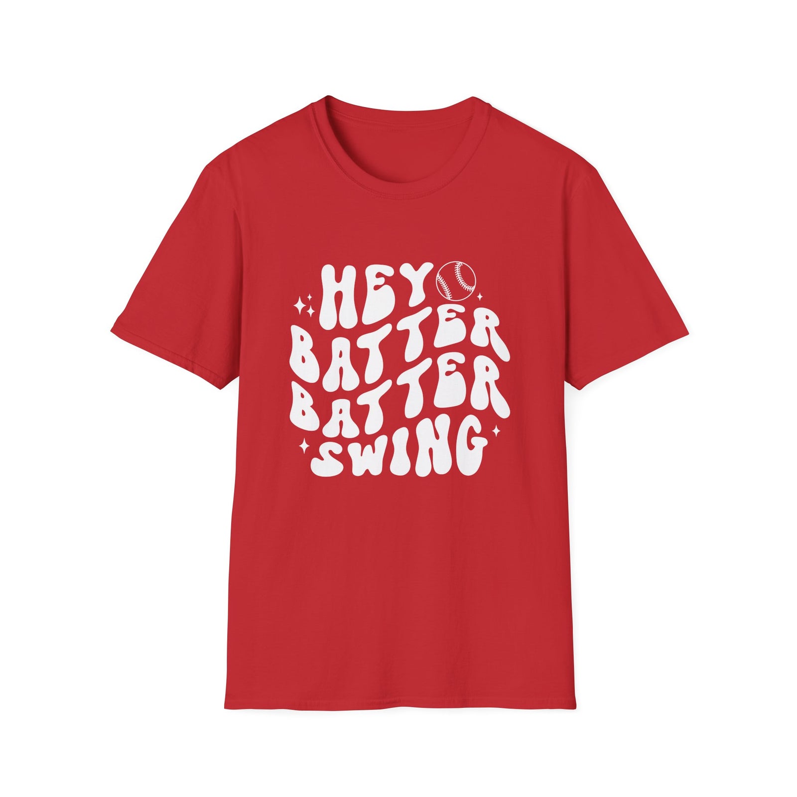 Hey Batter Batter Swing Baseball or Softball Retro Font Graphic T-Shirt Sports Tee (12 Team Colors)