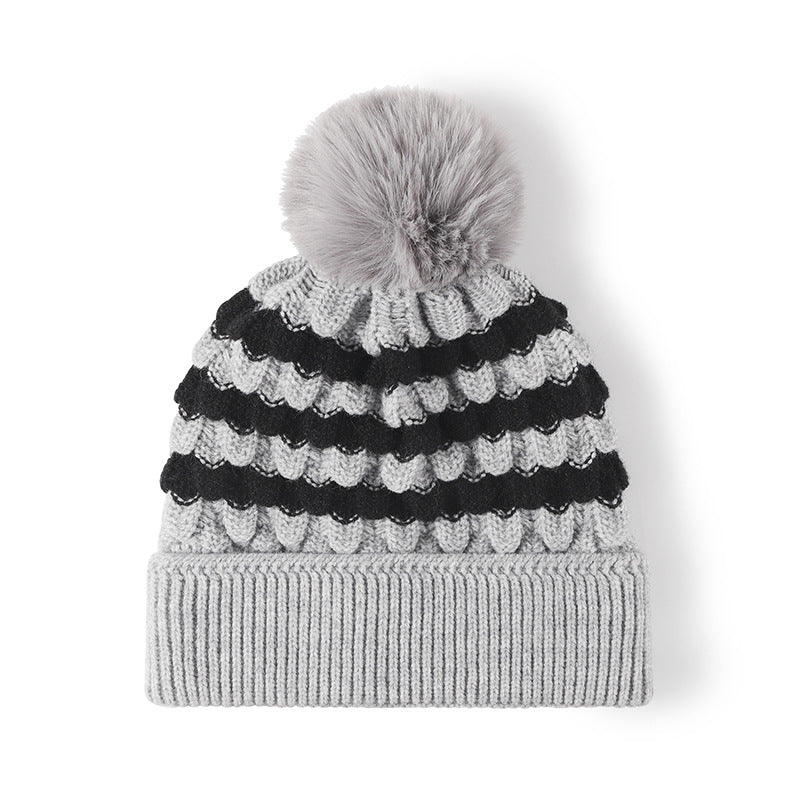 Striped Contrast Knit Hat with Pom-pom - Sydney So Sweet