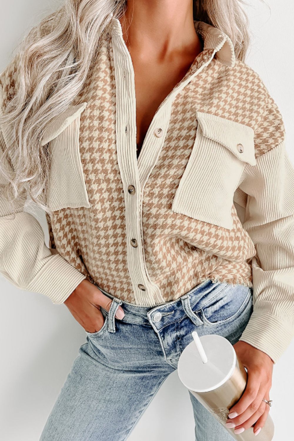 Houndstooth Button Up Long Sleeve Jacket - Sydney So Sweet