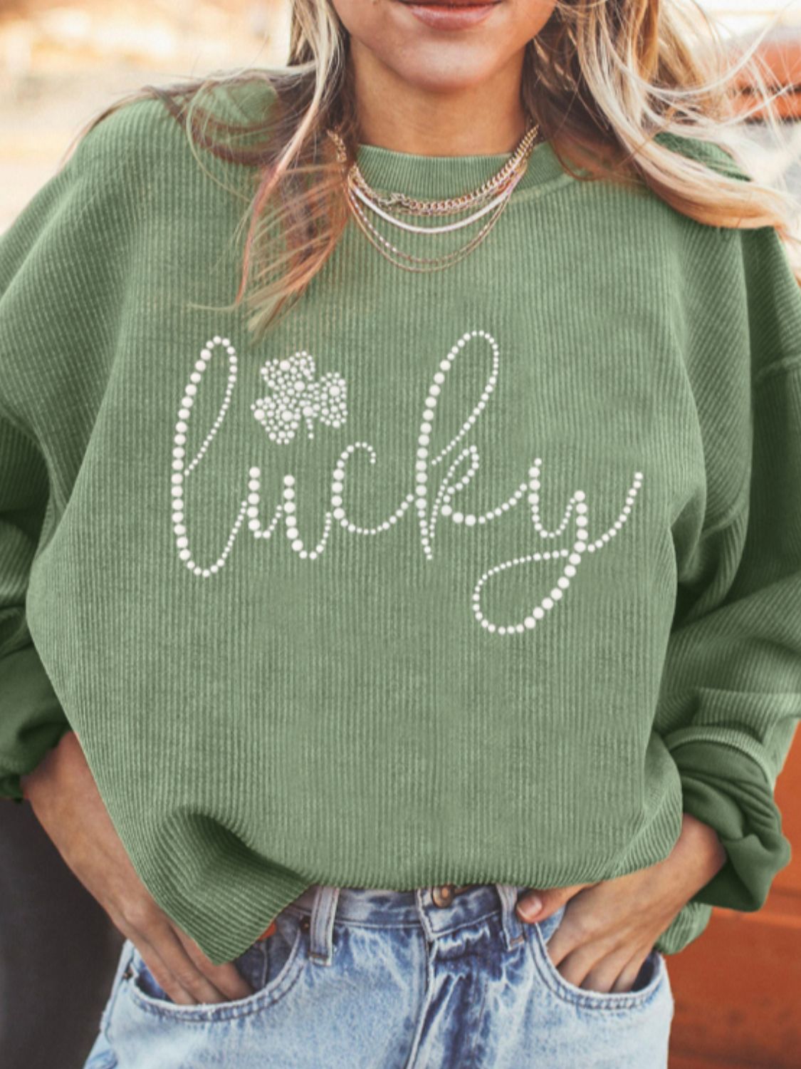 LUCKY Rhinestone Round Neck Long Sleeve Sweatshirt - Sydney So Sweet