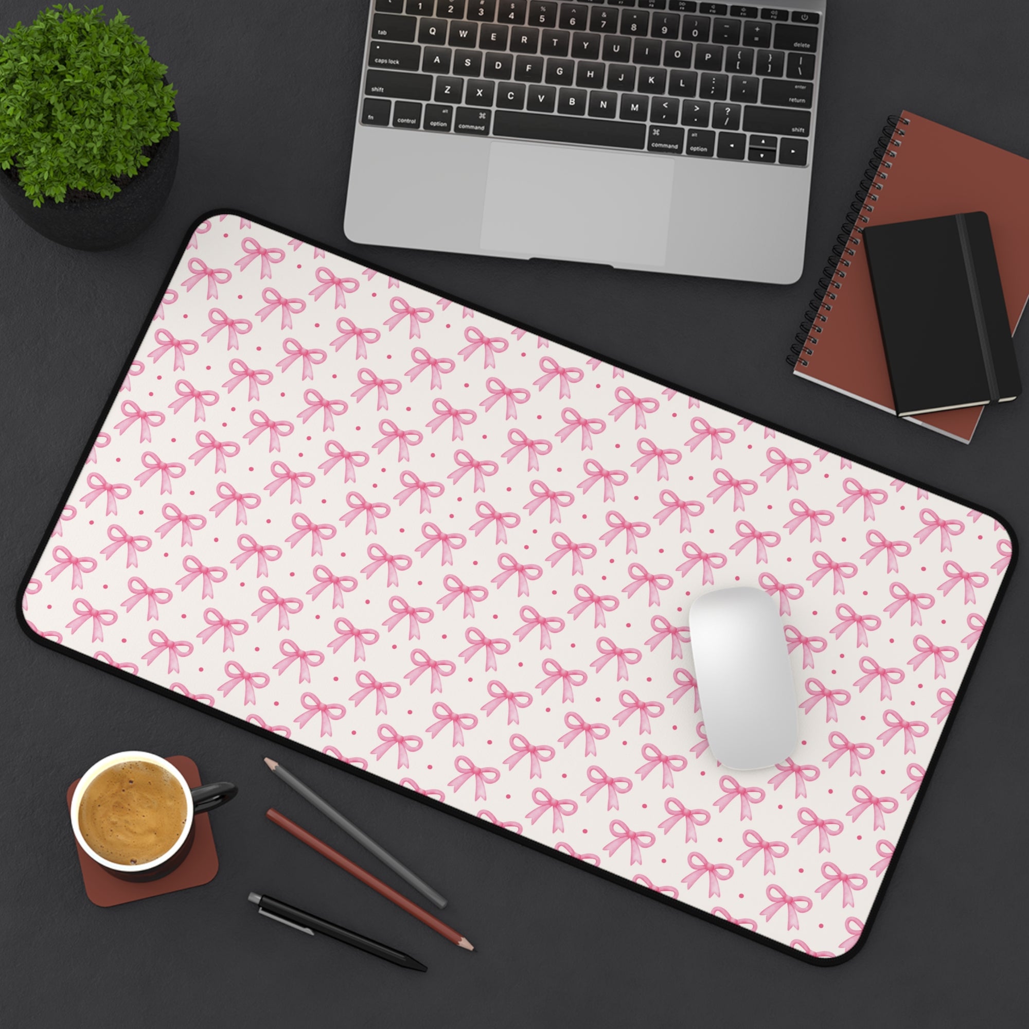Coquette Bow Desk Mat - Hot Pink & Dot Design for Home Office Decor - Sydney So Sweet