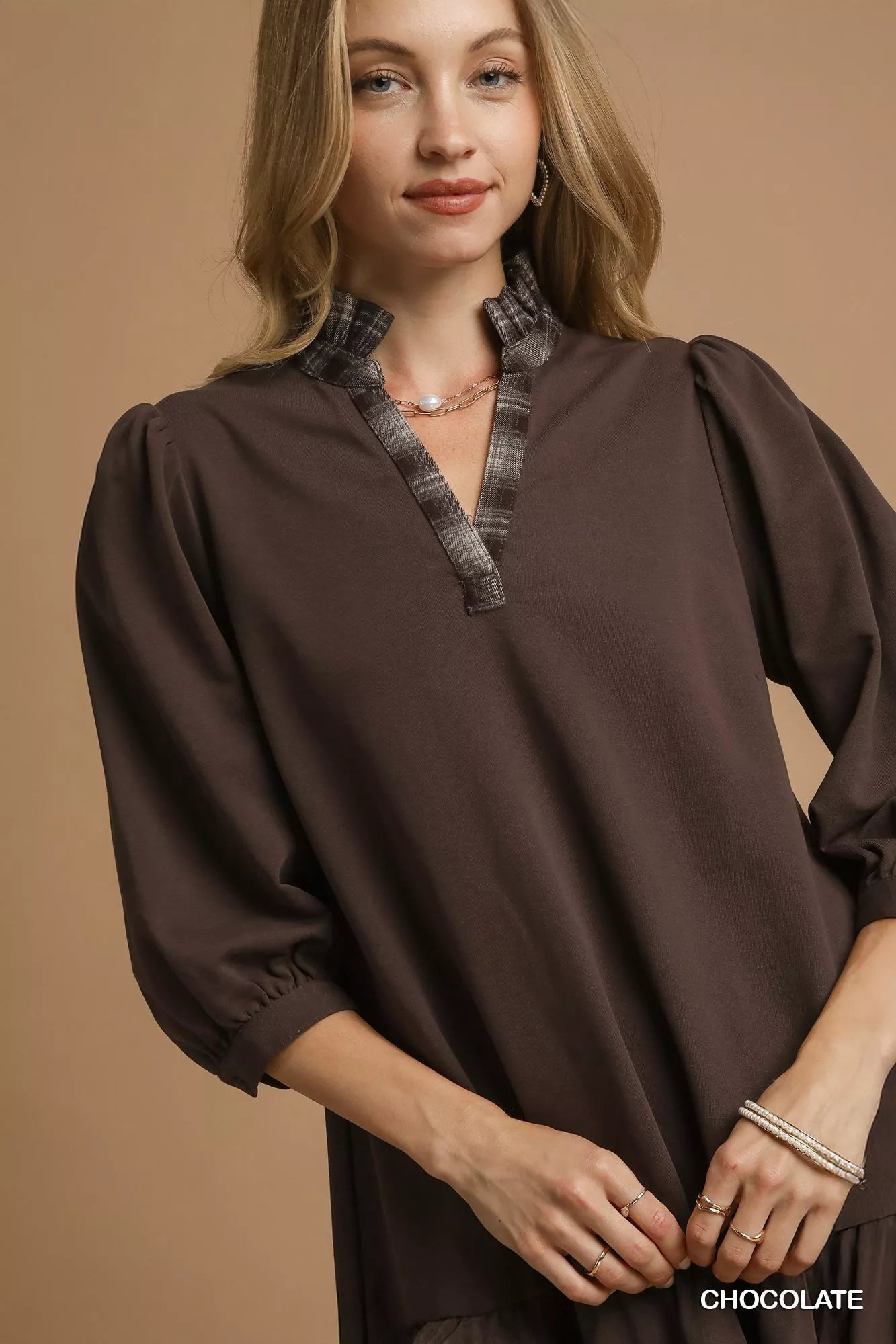 Umgee French Terry Ruffle Hem Dress with Plaid Trim - Sydney So Sweet