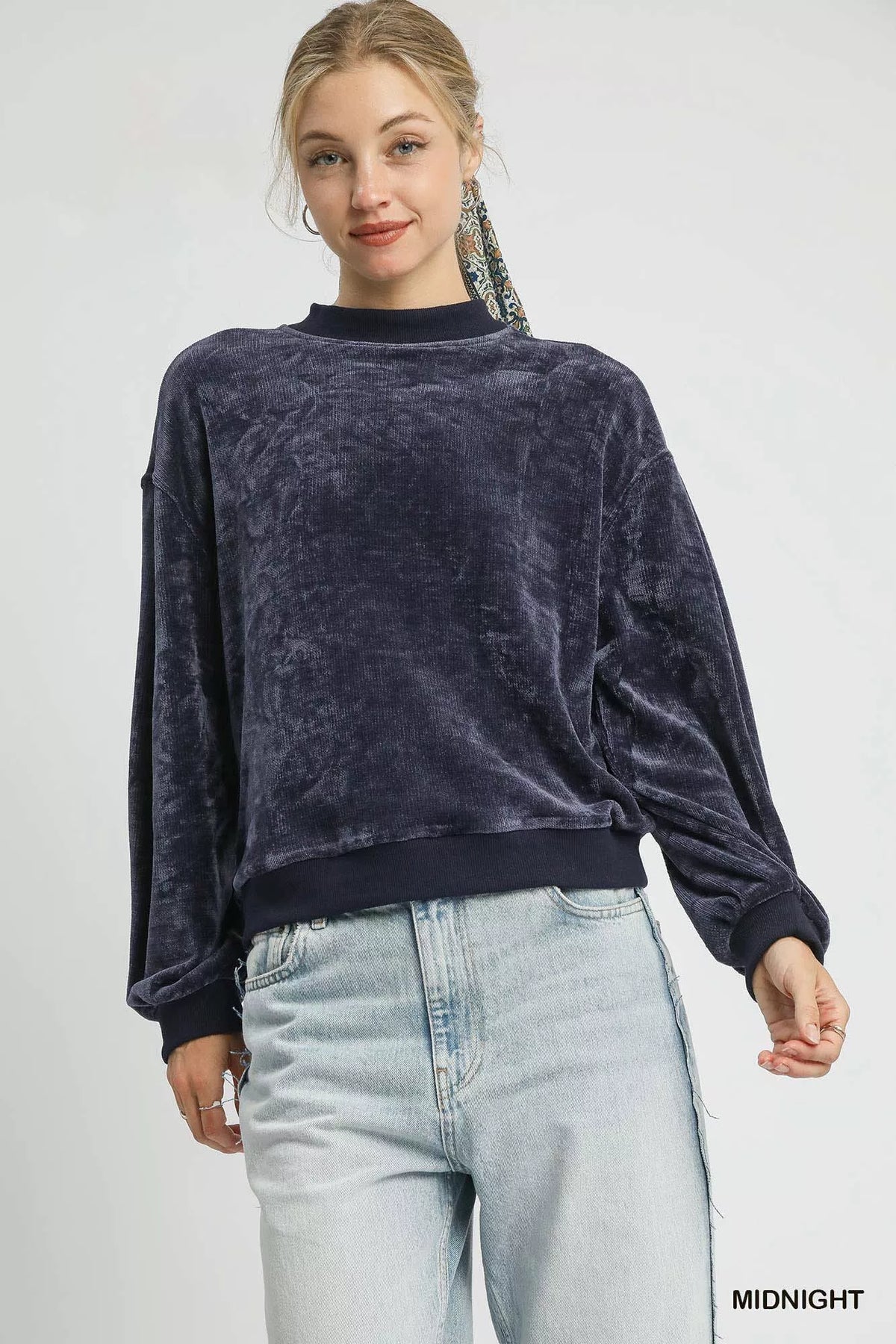 Umgee Velour Crewneck Balloon Sleeve Sweatshirt - Sydney So Sweet