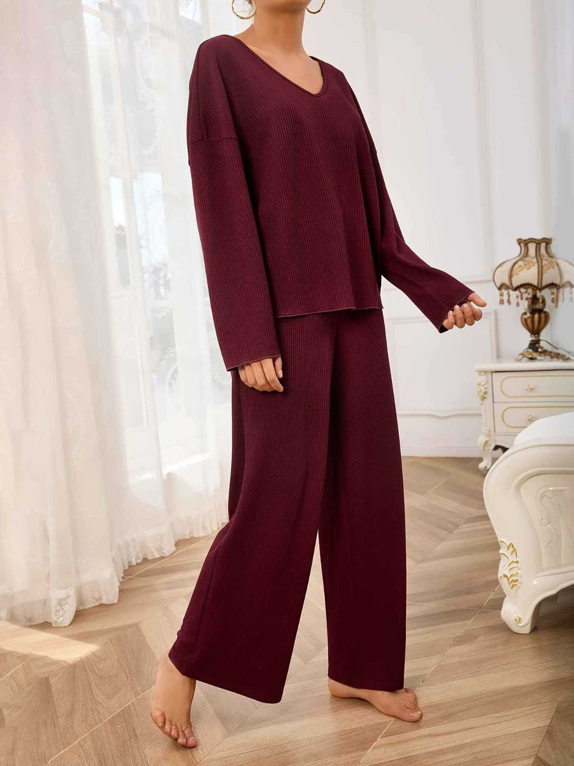 V-Neck Long Sleeve Top and Wide Leg Pants Set - Sydney So Sweet