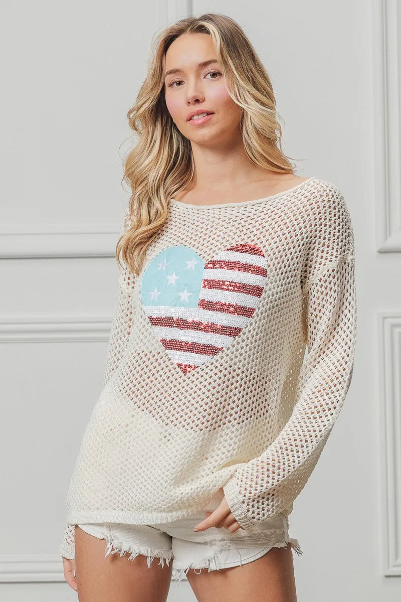 BiBi Sequin American Flag Heart Knit Up - Sydney So Sweet