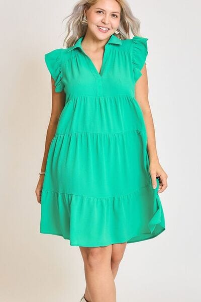 Umgee Full Size Johnny Collar Ruffle Cap Sleeve Tiered Dress Plus Size - Sydney So Sweet
