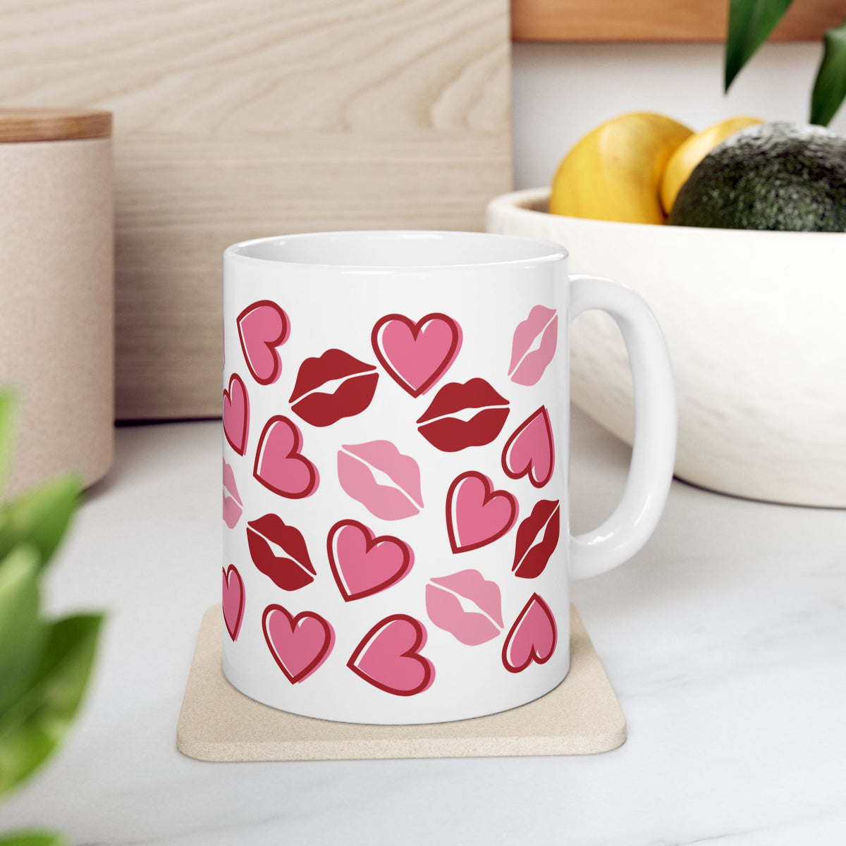 Kisses Lips & Hearts Mug — Cute Valentine’s Day Coffee Cup (11oz & 15oz)