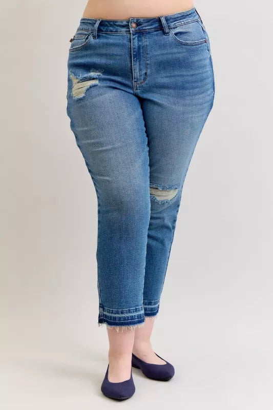 Judy Blue Full Size Mid Rise Bf Patch & Repair Destroy Release Hem Jeans Plus Size - Sydney So Sweet