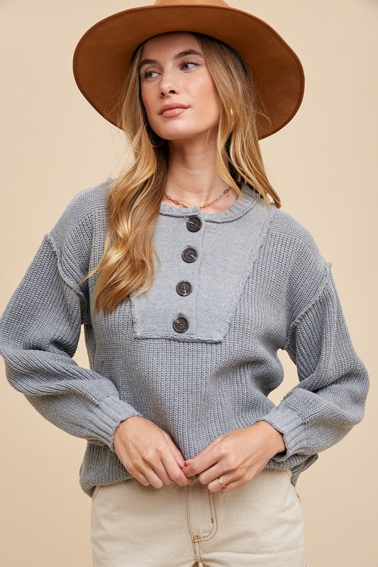 Annie Wear Half Button Ribbed Hem Sweater - Sydney So Sweet