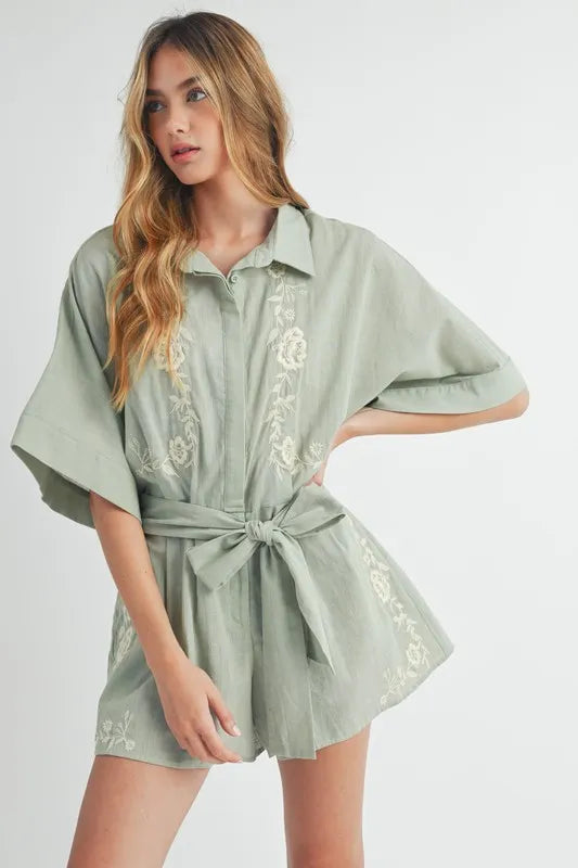 MABLE Embroidered Button Down Collared Neck Romper - Sydney So Sweet
