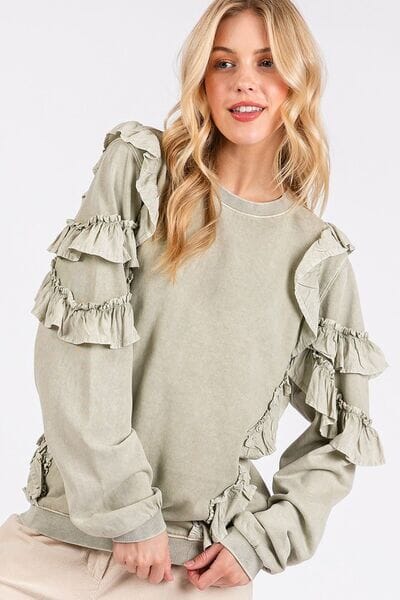 Mittoshop Ruffled Mineral Washed Round Neck Long Sleeve Sweatshirt - Sydney So Sweet