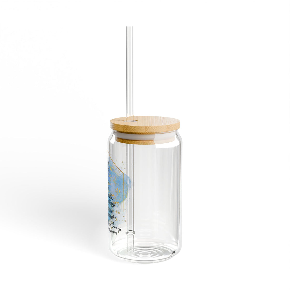 Think on these Things Philippians 4:8 Christian Tumbler Sipper Glass 16oz — Reusable Drink Jar with Lid & Straw