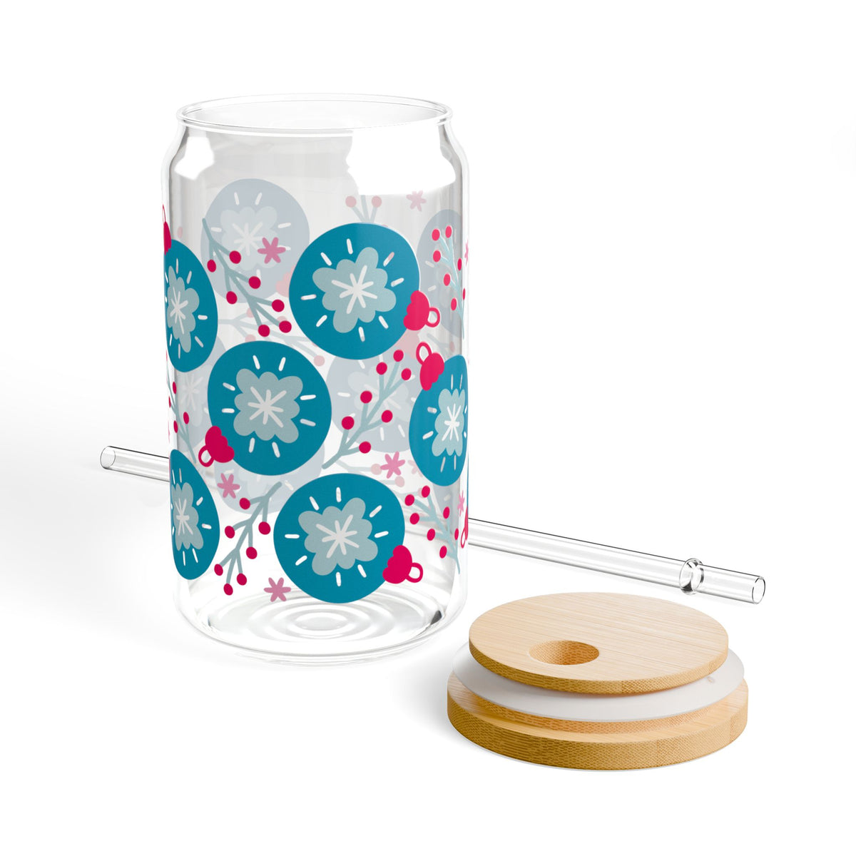Opulent Ornaments Christmas Sipper Glass 16oz Reusable Drink Jar with Lid & Straw