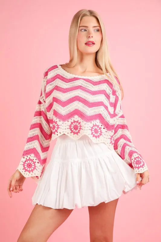 VERY J Chevron/Floral Pattern Crochet Knit Top - Sydney So Sweet
