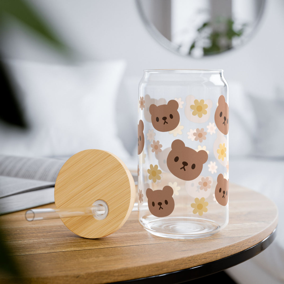Teddy Bear Daisy Tumbler Sipper Glass 16oz — Reusable Drink Jar with Lid & Straw - Sydney So Sweet
