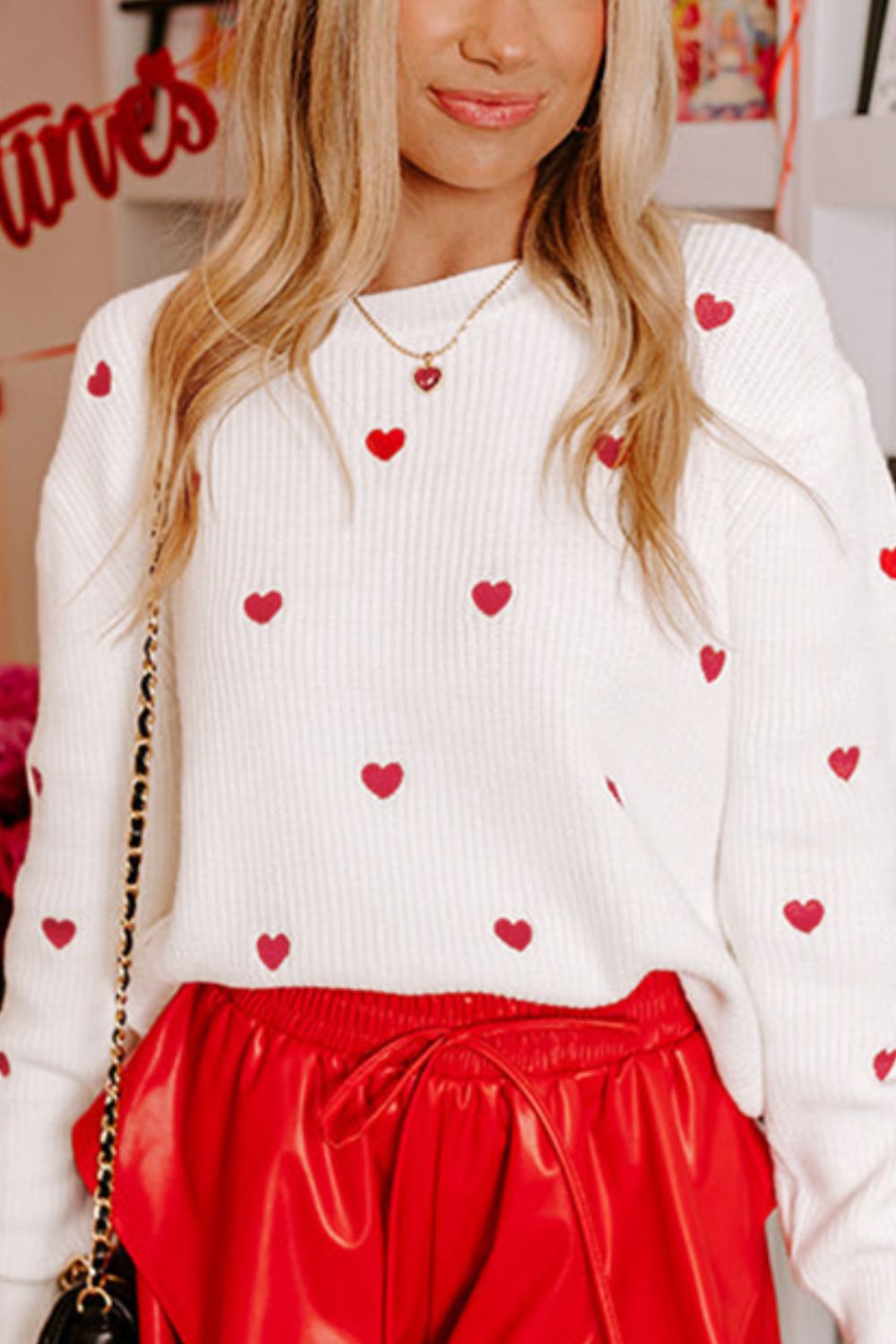 Heart Round Neck Long Sleeve Sweater - Sydney So Sweet