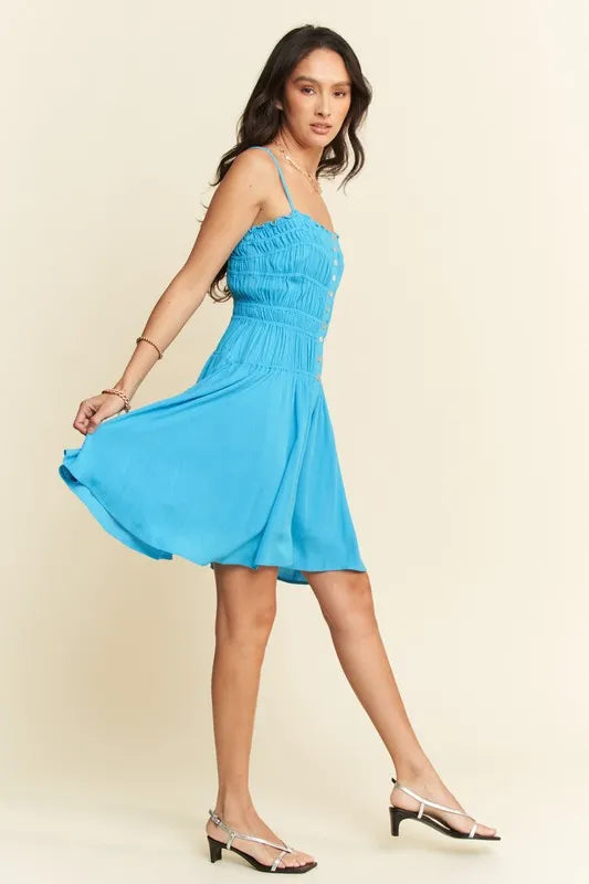 Davi & Dani Smocking Bodice Sleeveless Button Down Mini Dress - Sydney So Sweet