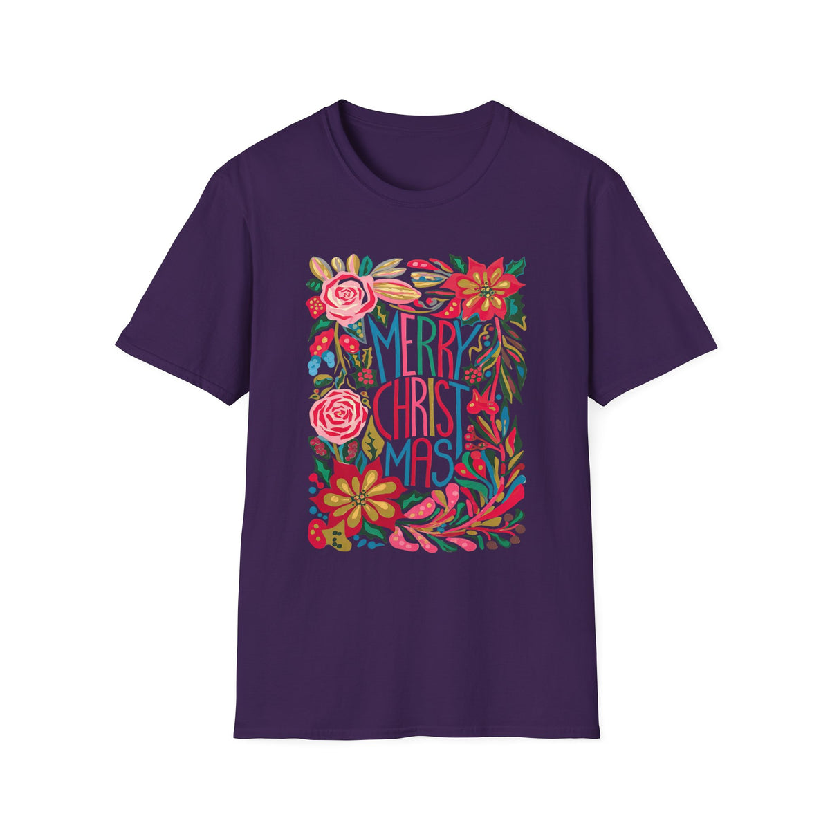 Merry Christmas Bright Holiday Florals Tee Graphic T-Shirt